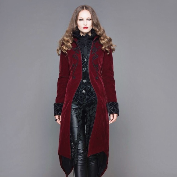 Devil Fashion Romantic Red Velvet Victorian Embroidered Steampunk Goth Jacket - Picture 5 of 9
